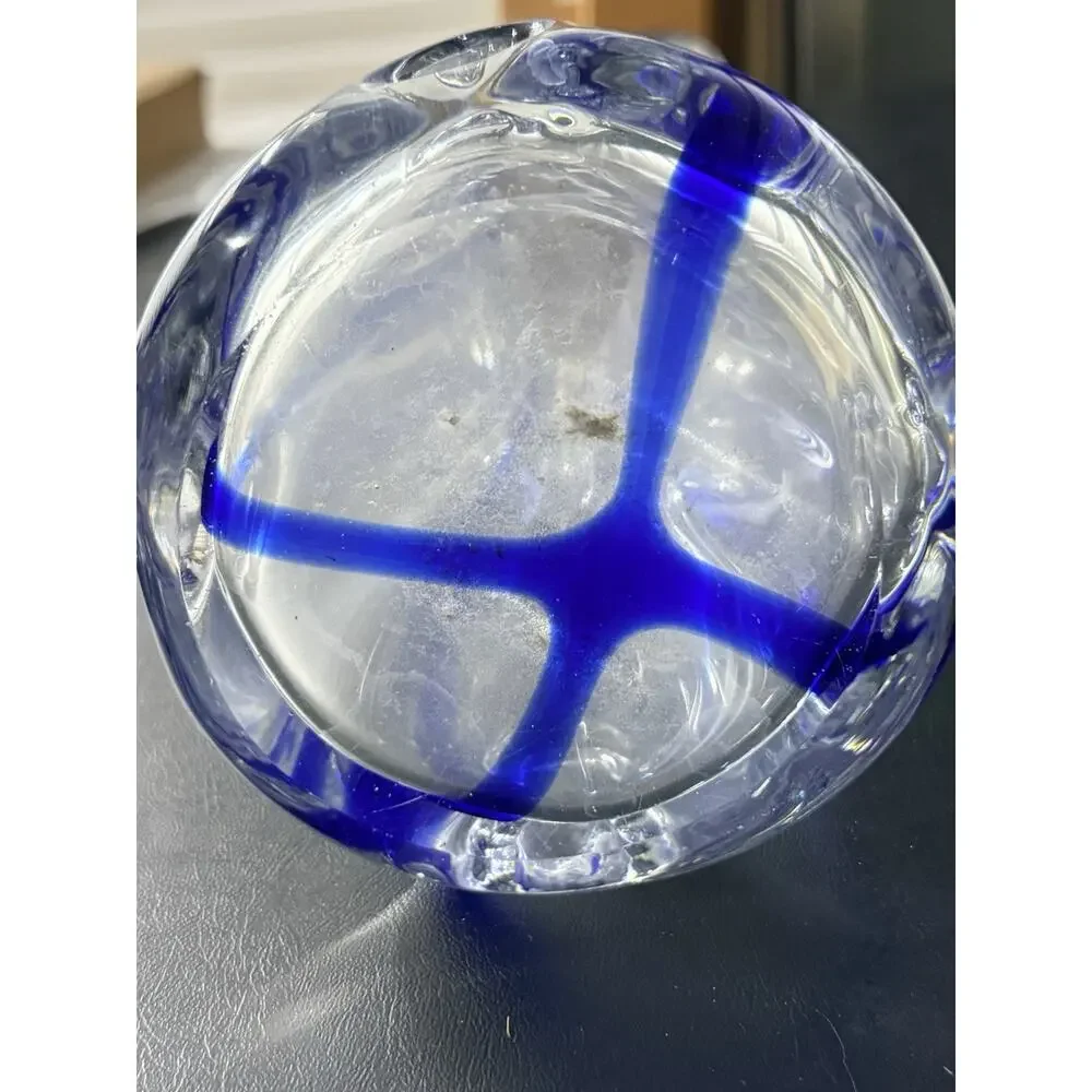 Heavy Art Glass Vase with Cobalt Blue Stripe – 10” Tall